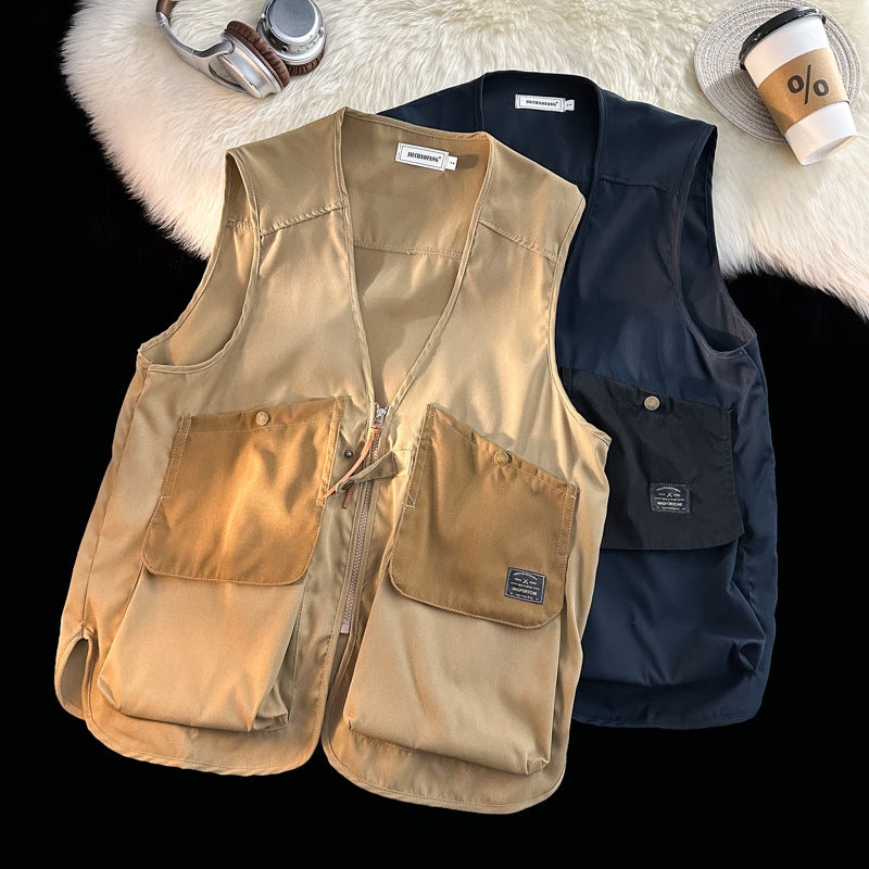Japanese-Style Trendy Multi-Pocket Cargo V-Neck Vest Unisex Streetwear Bf Sports Vest Loose Sleeveless Jacket - Image 2